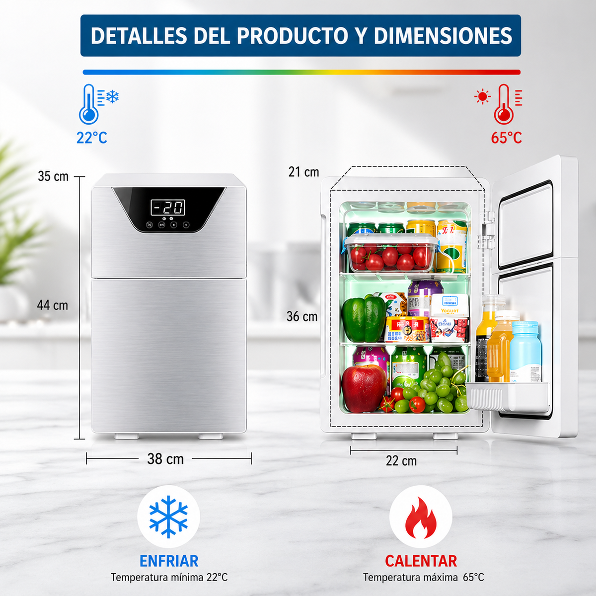 Mini Nevera Portátil Digital Doble Compartimiento Frío Calor Oro Rosa