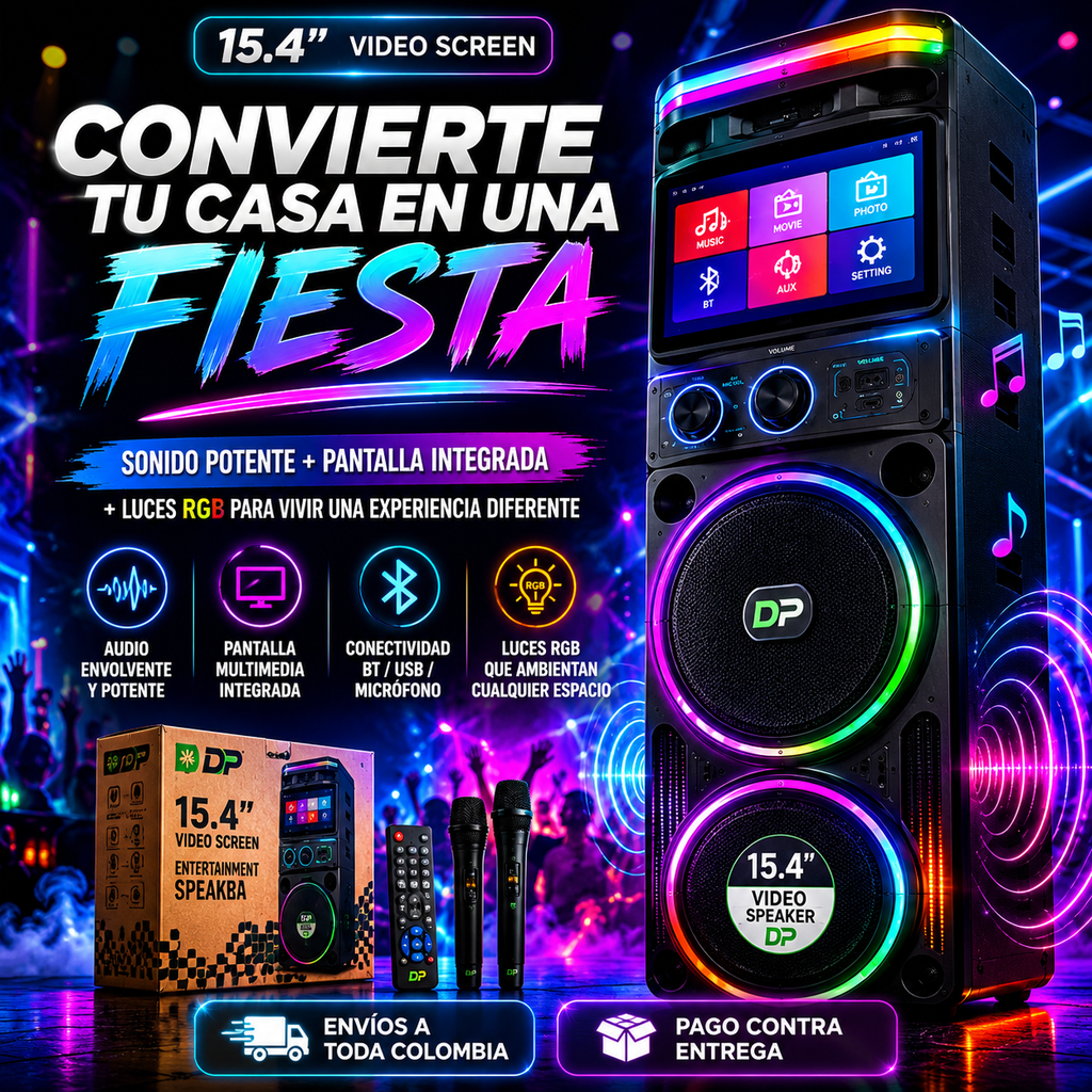 Parlante Torre Video Speaker Pantalla 15.4 Doble 12 Pulgadas Karaoke