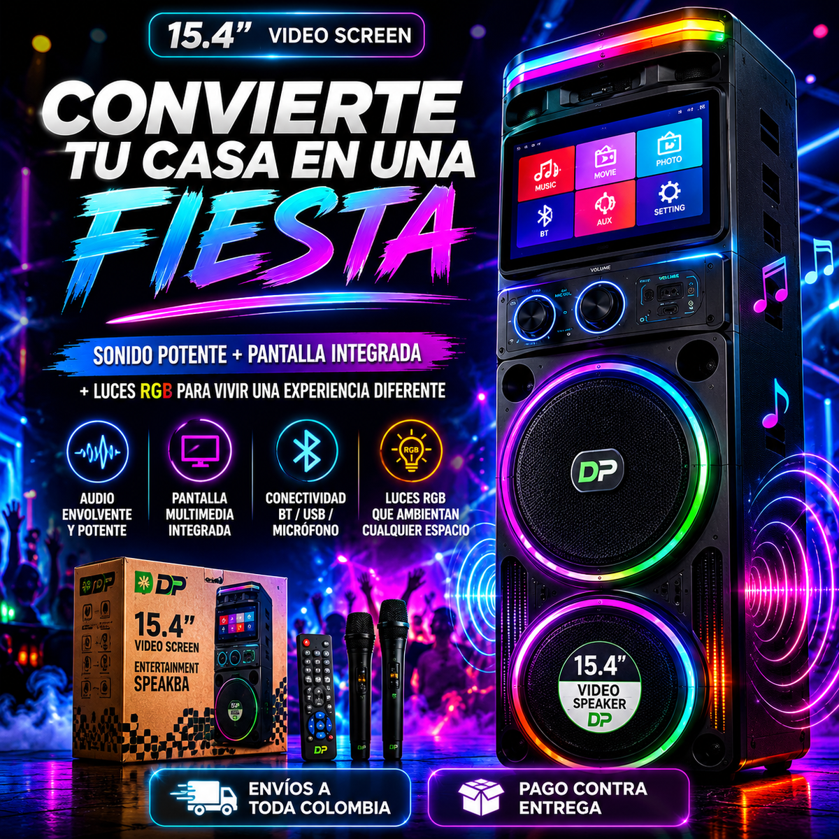 Parlante Torre Video Speaker Pantalla 15.4 Doble 12 Pulgadas Karaoke