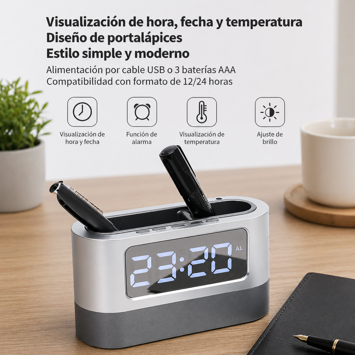 Reloj Digital Mesa Portalápices Escritorio Alarma Temperatura Oficina
