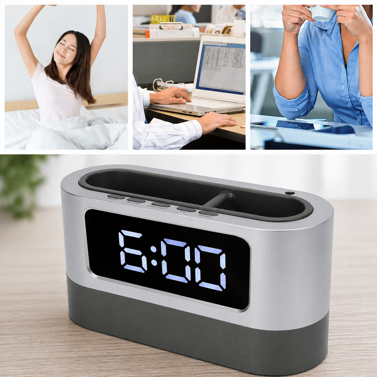 Reloj Digital Mesa Portalápices Escritorio Alarma Temperatura Oficina