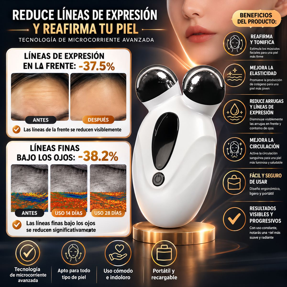 Masajeador Facial Microcorriente EMS Antiarrugas Lifting Colágeno Piel