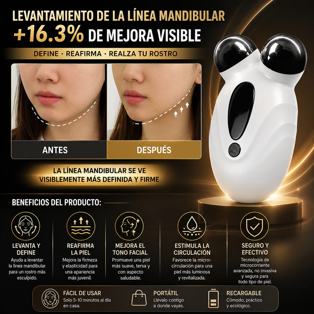 Masajeador Facial Microcorriente EMS Antiarrugas Lifting Colágeno Piel