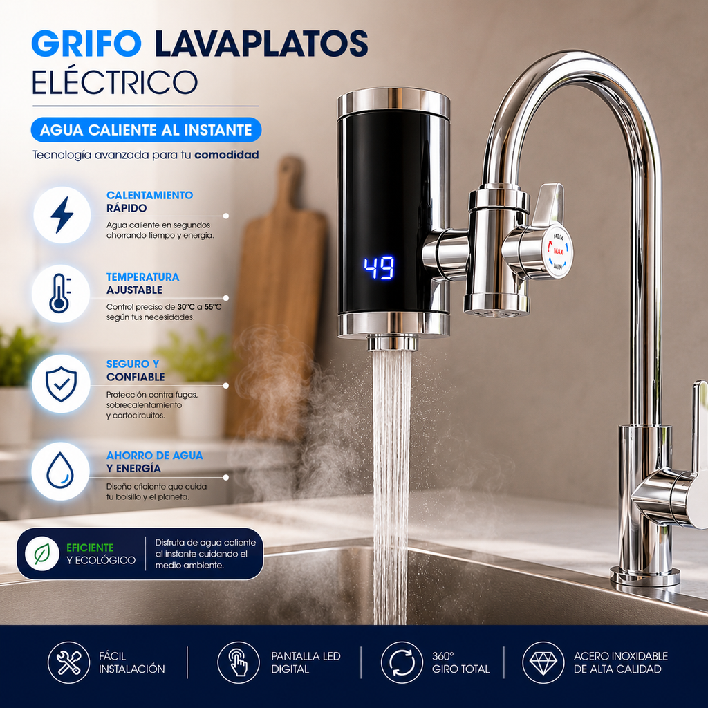 Grifo Calentador Agua Eléctrico Instantáneo Cocina Display LED 360