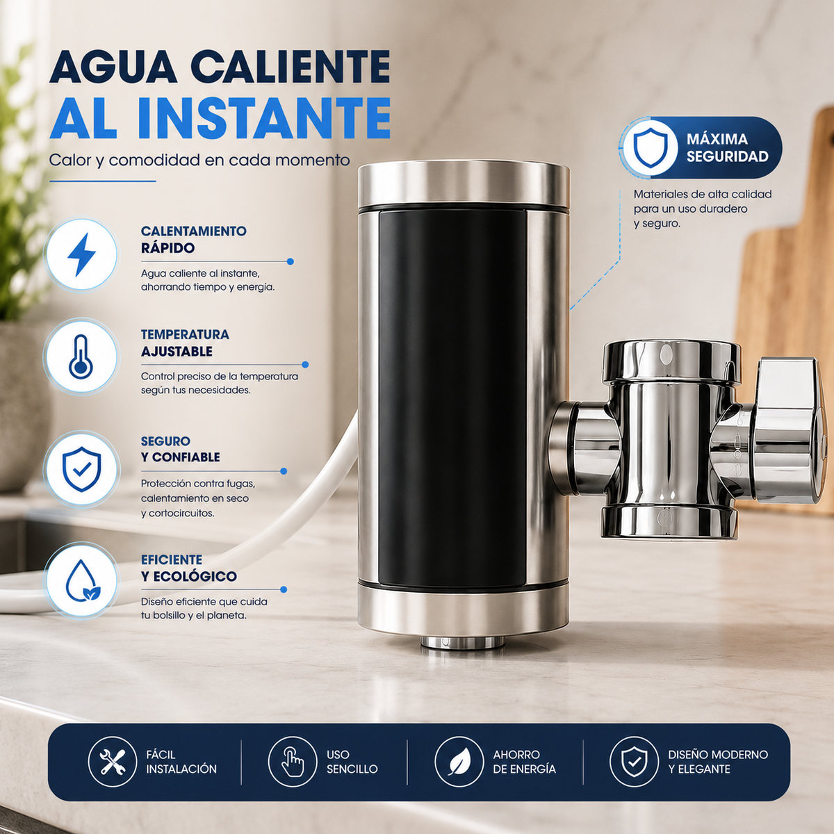 Grifo Calentador Agua Eléctrico Instantáneo Cocina Display LED 360