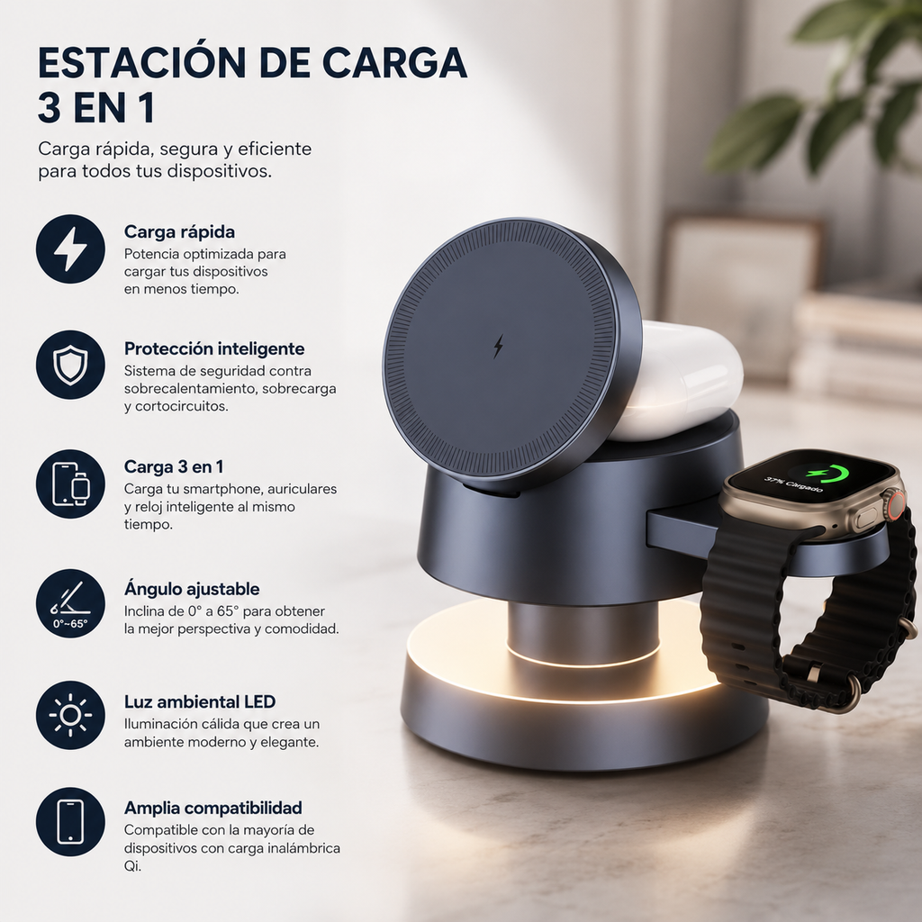 Cargador Inalámbrico 4x1 Magnético MagSafe Lámpara LED 15W Celular