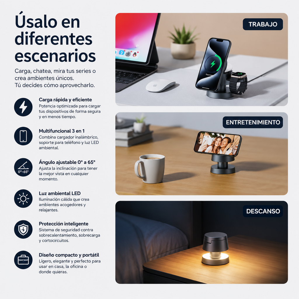Cargador Inalámbrico 4x1 Magnético MagSafe Lámpara LED 15W Celular