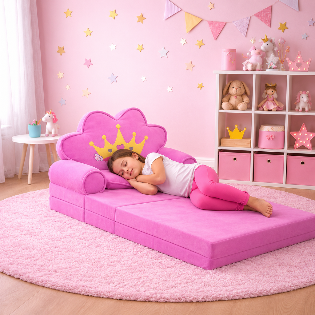 Sofá Cama Plegable Infantil Niñas Corona Rosado 2x1 Espuma Habitación