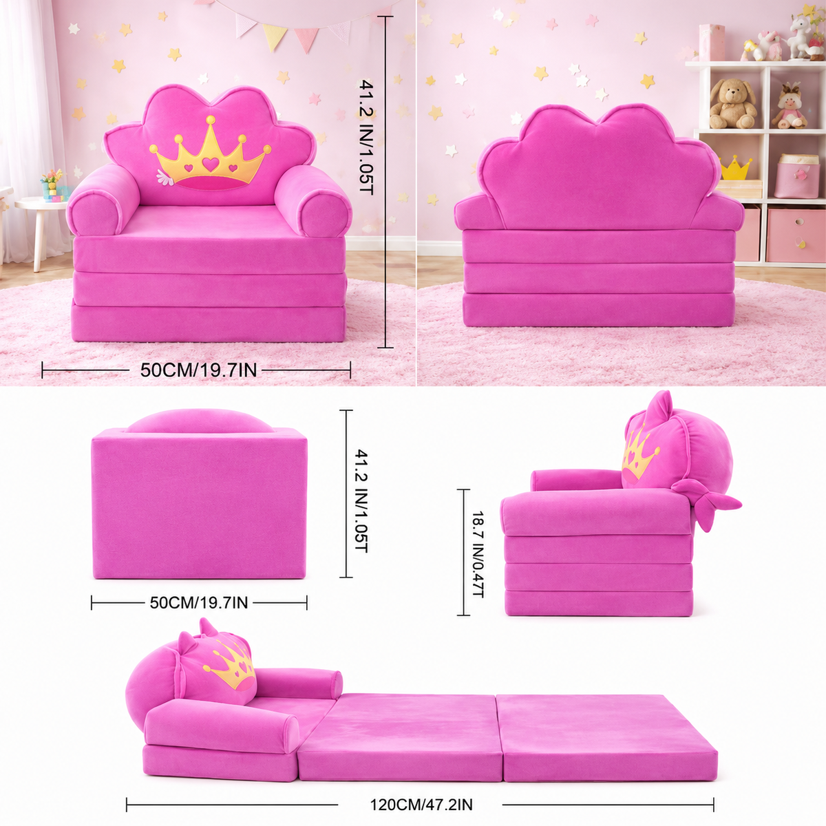 Sofá Cama Plegable Infantil Niñas Corona Rosado 2x1 Espuma Habitación