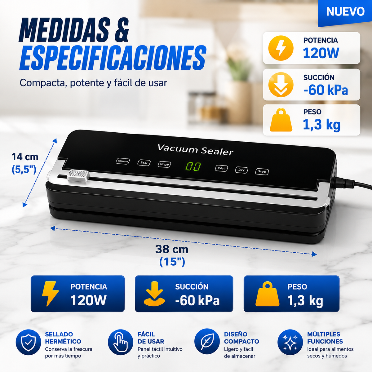 Selladora Vacío Alimentos 120W Empacadora Bolsas Carnes Frutas Cocina