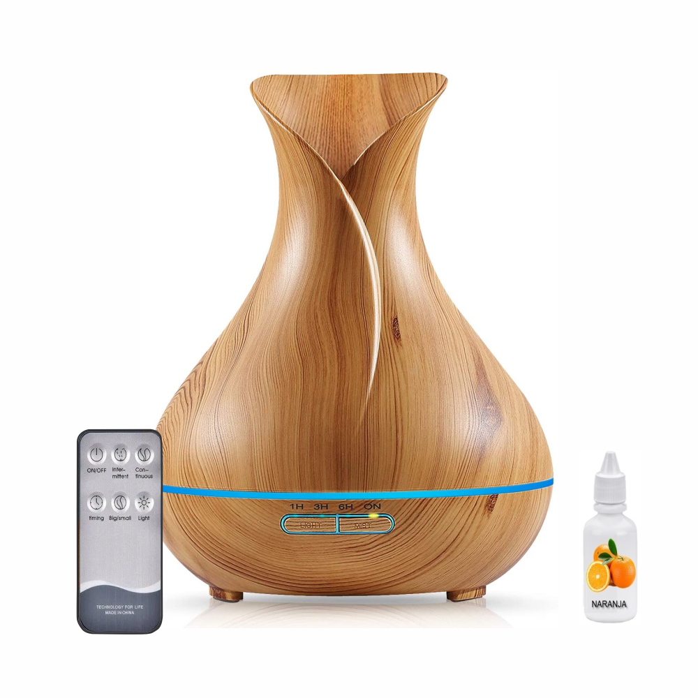 Difusor Aromas Florero 550ml Control Remoto Esencia 7 Colores Madera