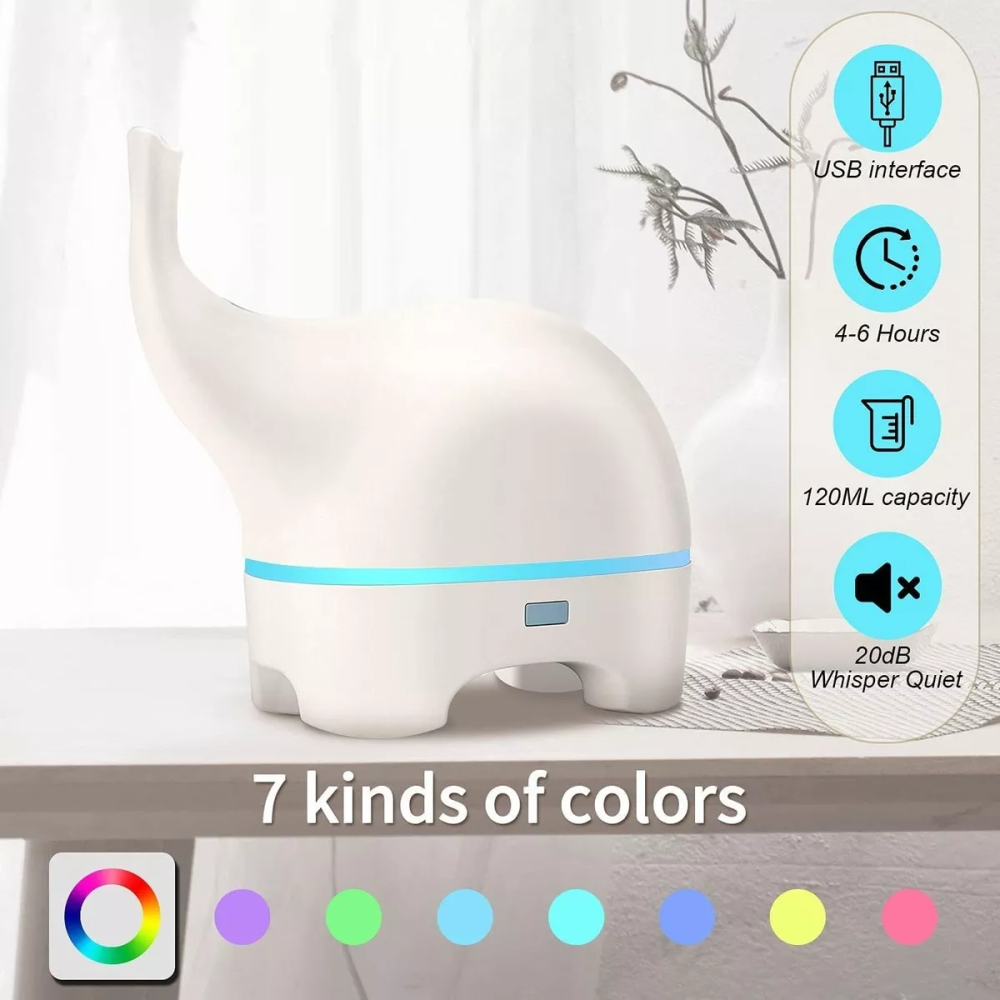 Difusor Aromas Elefante Humidificador 120ml 7 Luces Nocturna USB Niños