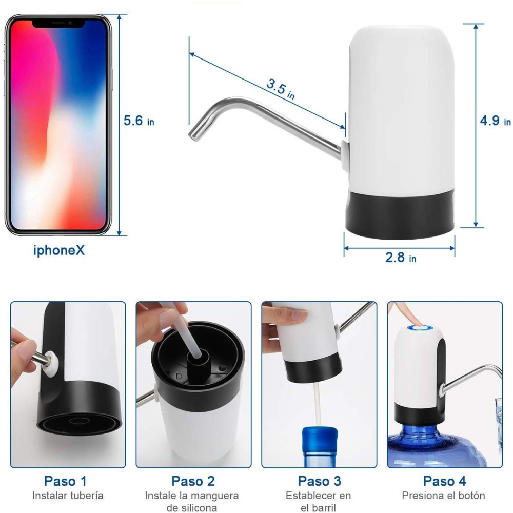 Bomba Dispensador Agua Recargable USB Garrafón Botellón 5 Galones