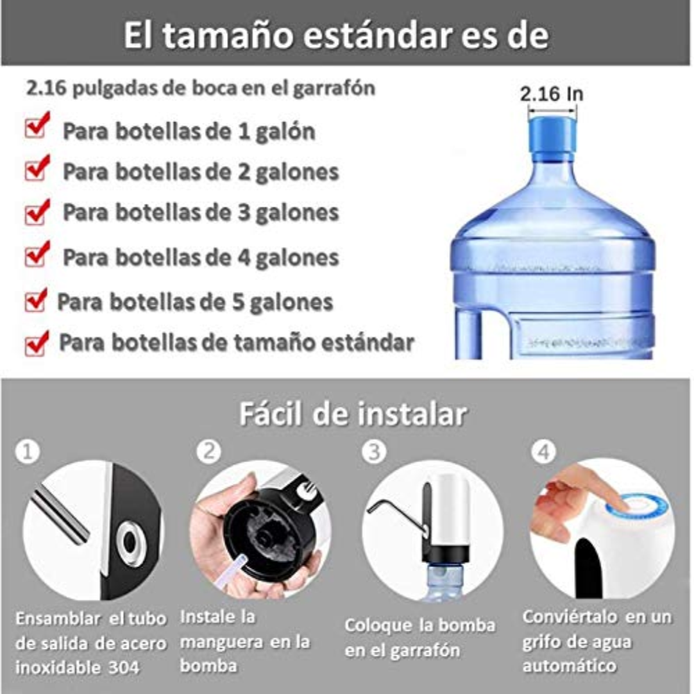 Bomba Dispensador Agua Recargable USB Garrafón Botellón 5 Galones