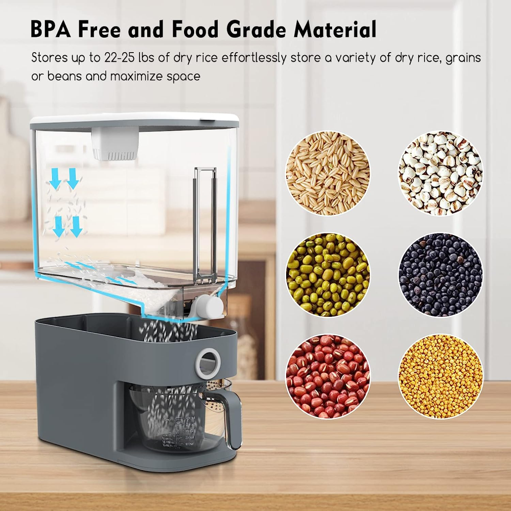 Dispensador Arroz Granos Cereales 25 Libras Hermético Taza Medidora