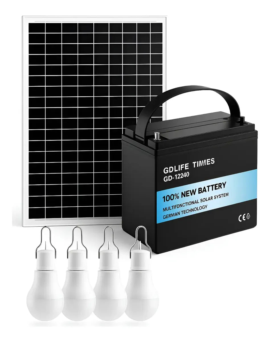 Kit Solar Portátil Batería Recargable 12V 3 Bombillos LED USB Panel