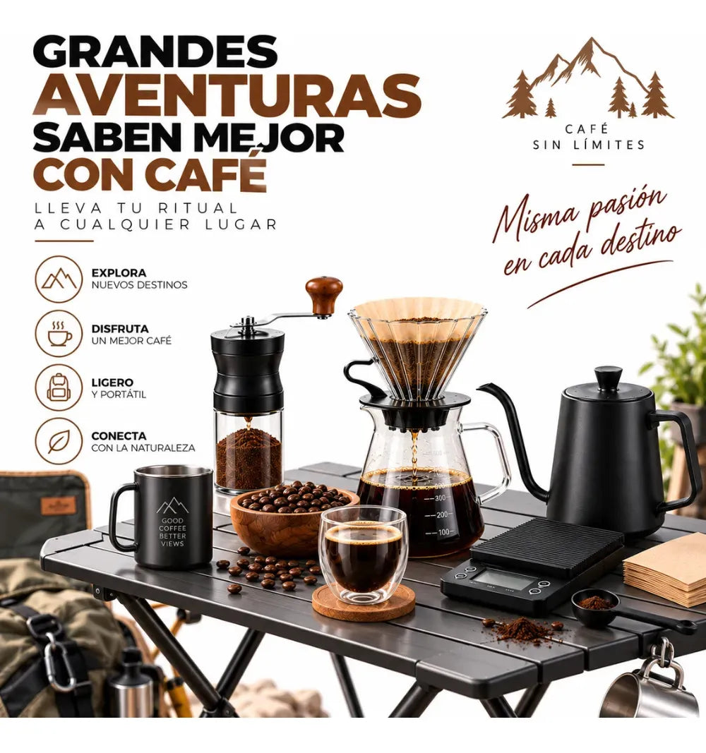 Kit Café Portátil Molino Manual Cafetera Goteo Cuello Cisne 600ml