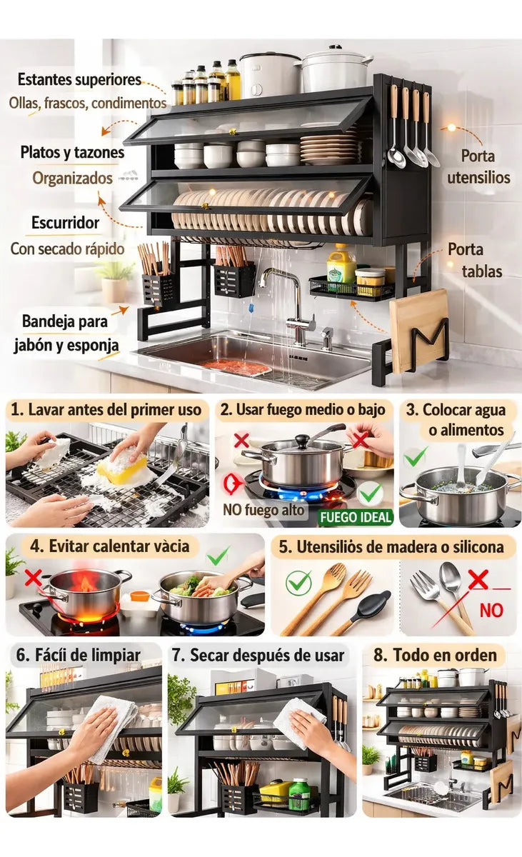 Escurridor Platos Organizador 65cm Doble Tapa Negro 2 Niveles Cocina