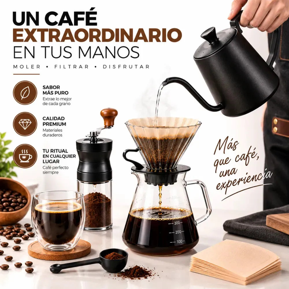 Kit Café Portátil Molino Manual Cafetera Goteo Cuello Cisne 600ml
