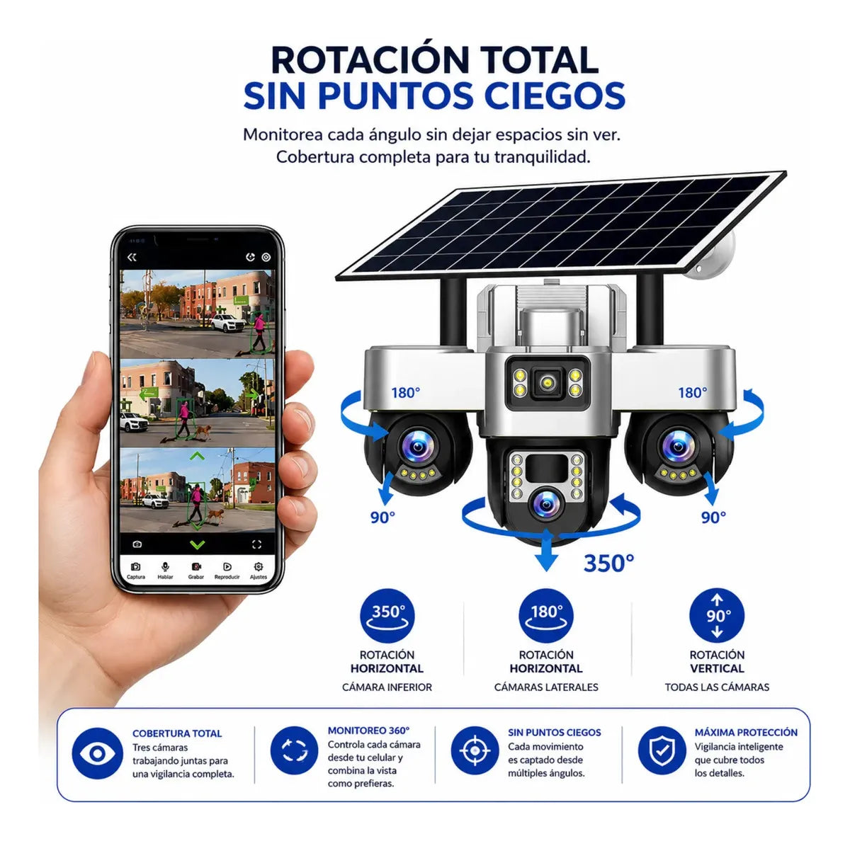 Cámara Seguridad Solar WiFi 3 Lentes PTZ 4K Seguimiento Automático