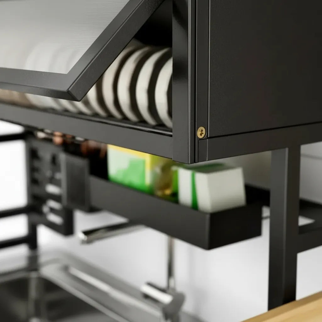 Escurridor Platos Organizador 65cm Doble Tapa Negro 2 Niveles Cocina