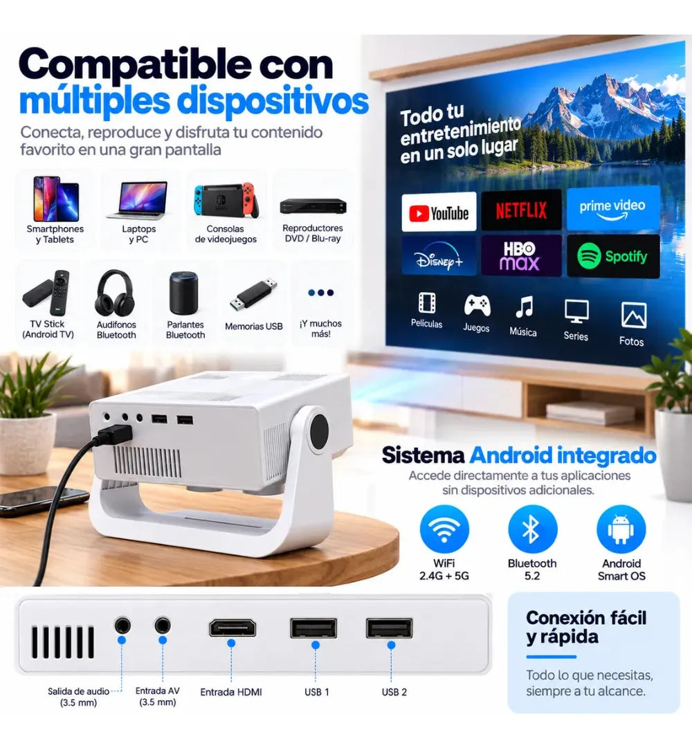 Video Beam Proyector Smart Android 11 Full HD 4K WiFi 6 Bluetooth 5.2