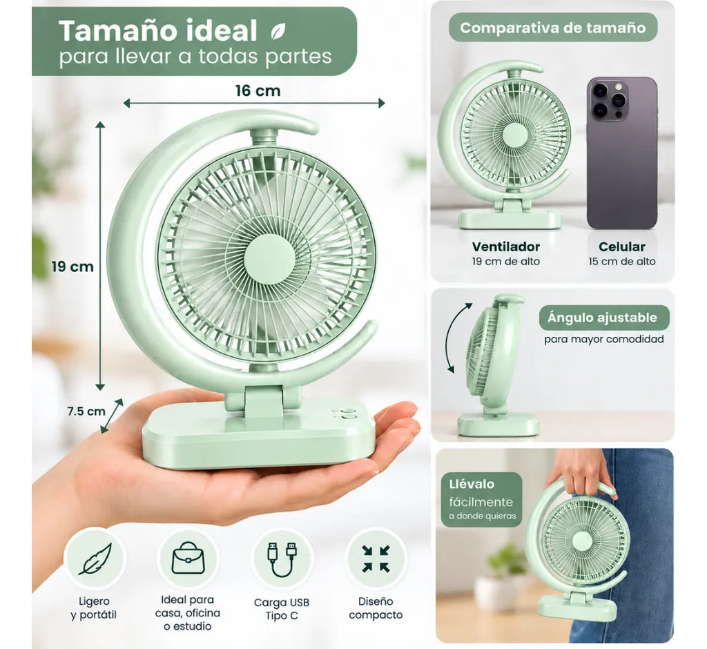 Ventilador Portátil Recargable USB Tipo C Luz LED 3 Velocidades