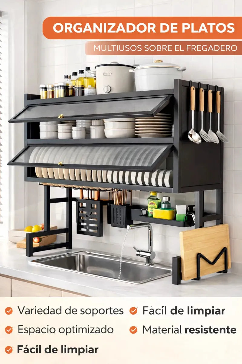 Escurridor Platos Organizador 65cm Doble Tapa Negro 2 Niveles Cocina