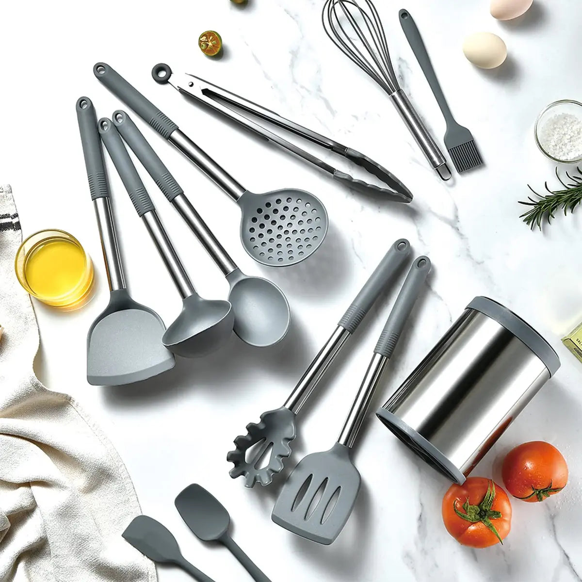 Set Utensilios Cocina Silicona 12 Piezas Base Giratoria Negro BPA