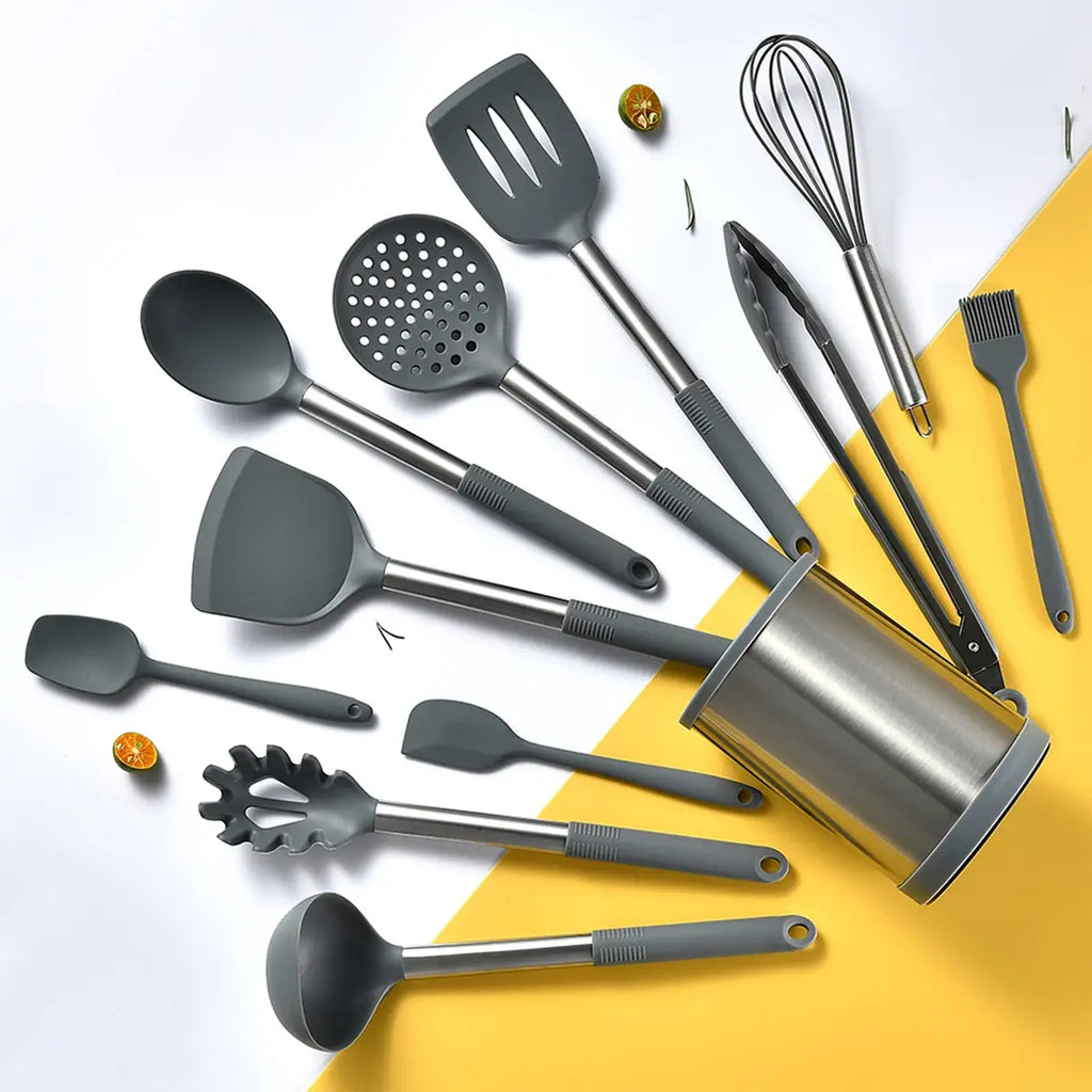 Set Utensilios Cocina Silicona 12 Piezas Base Giratoria Negro BPA