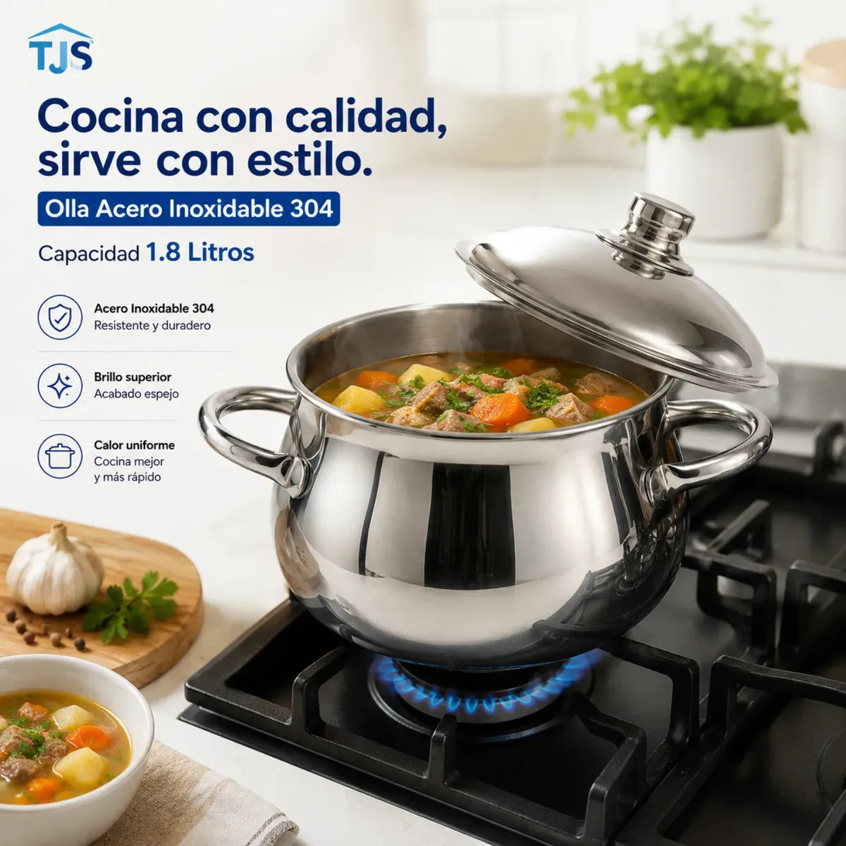 Olla Acero Inoxidable 304 Premium Perla 1.8 Litros Tapa Acabado Espejo
