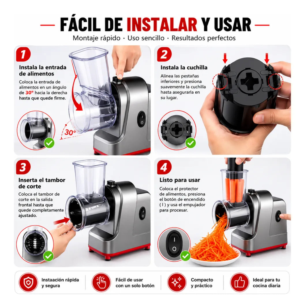Rallador Eléctrico Queso Cortador Verduras 5x1 250W Rebanador