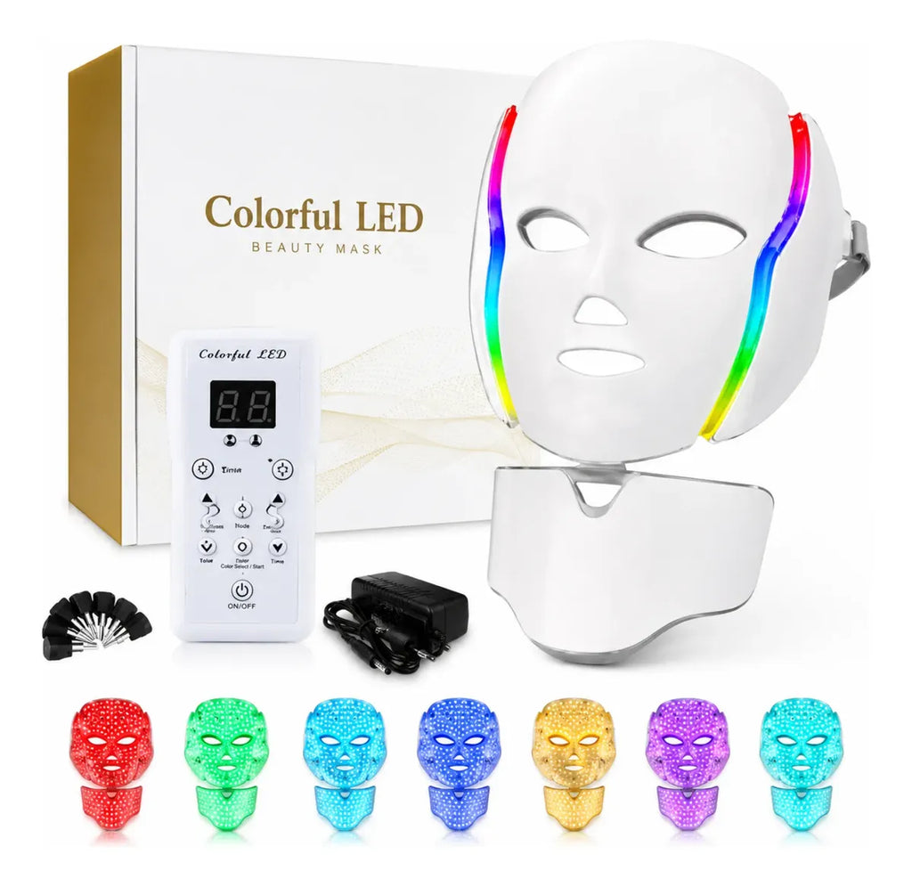 Máscara LED Facial 7 Colores Hyiear Fototerapia Rostro Cuello 192 LED