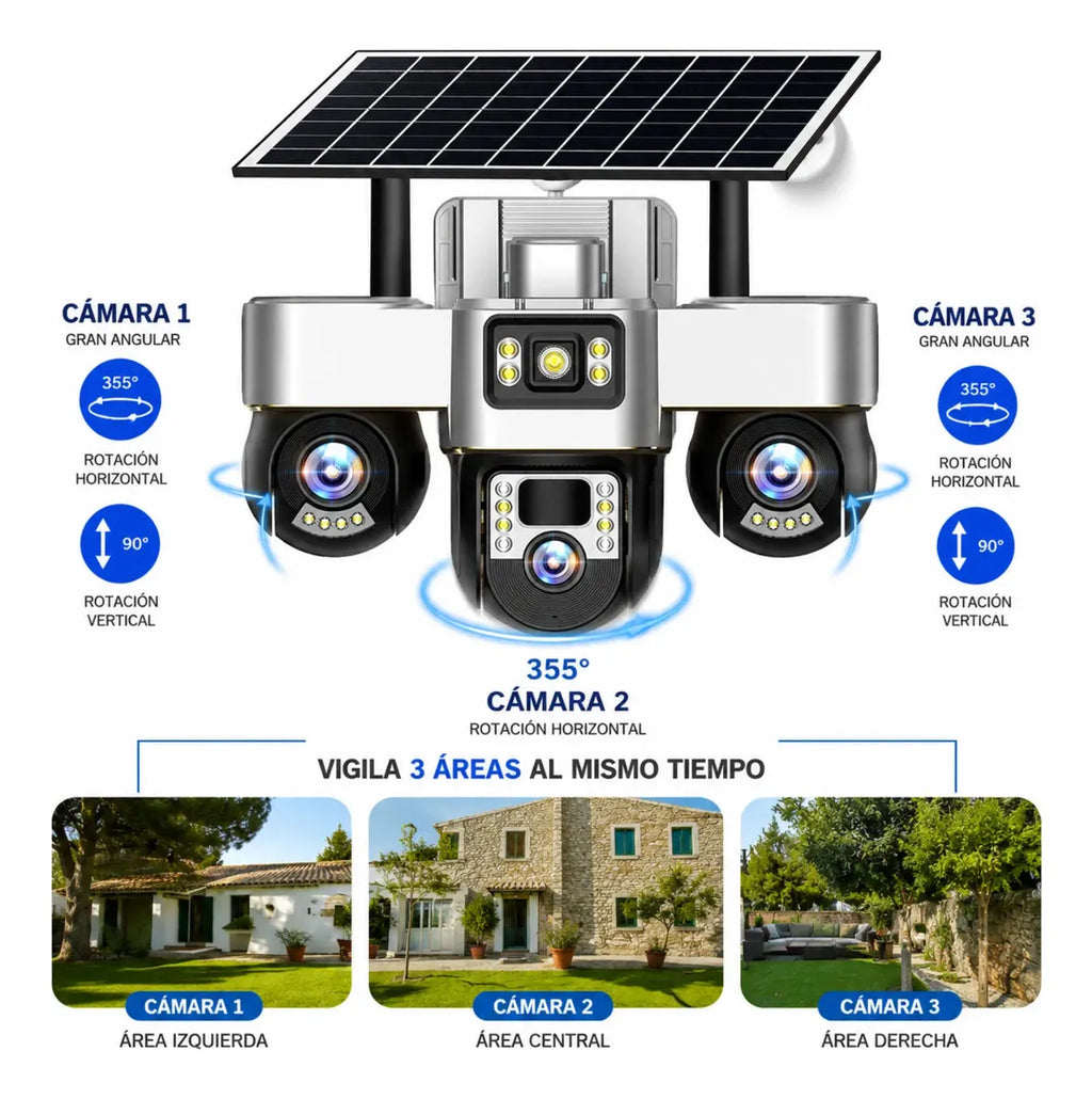 Cámara Seguridad Solar WiFi 3 Lentes PTZ 4K Seguimiento Automático
