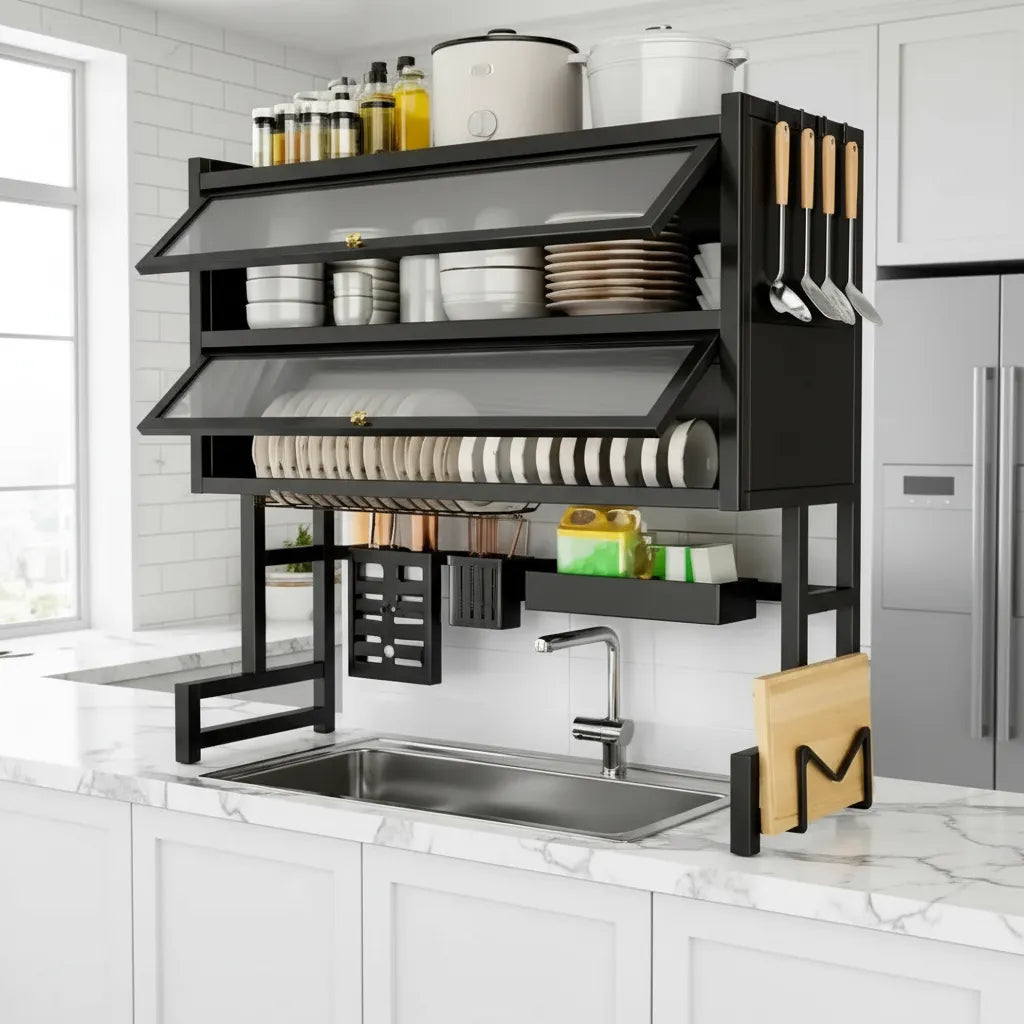 Escurridor Platos Organizador 65cm Doble Tapa Negro 2 Niveles Cocina