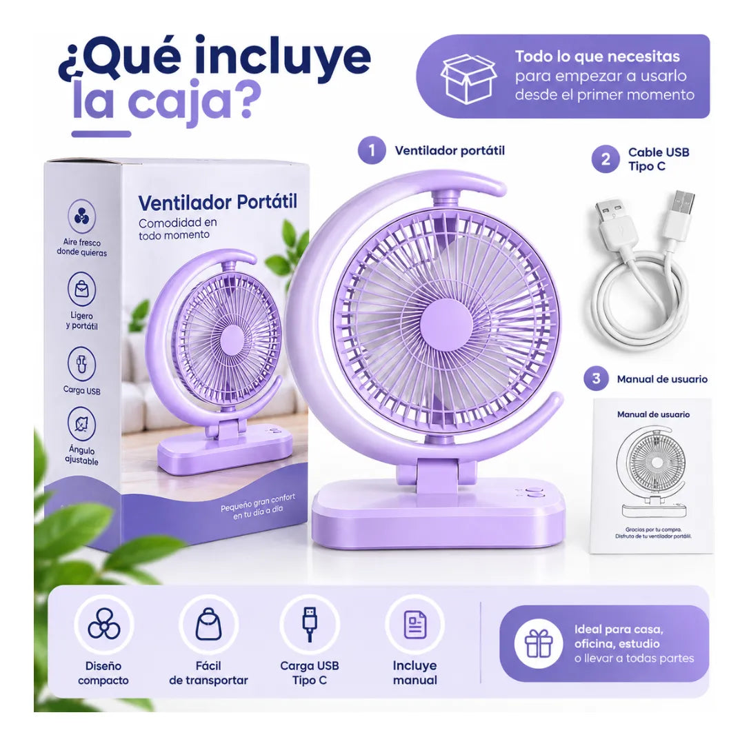 Ventilador Portátil Recargable USB Tipo C Luz LED 3 Velocidades