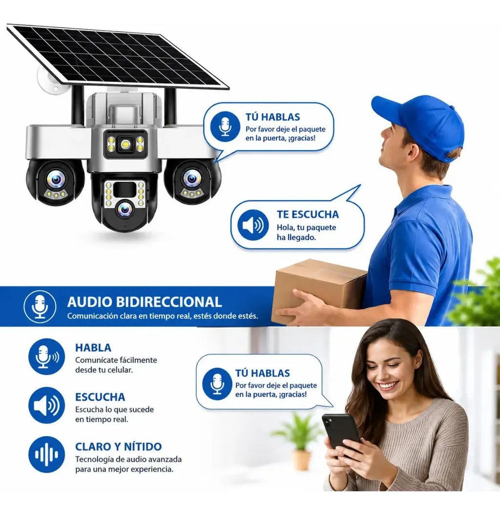 Cámara Seguridad Solar WiFi 3 Lentes PTZ 4K Seguimiento Automático