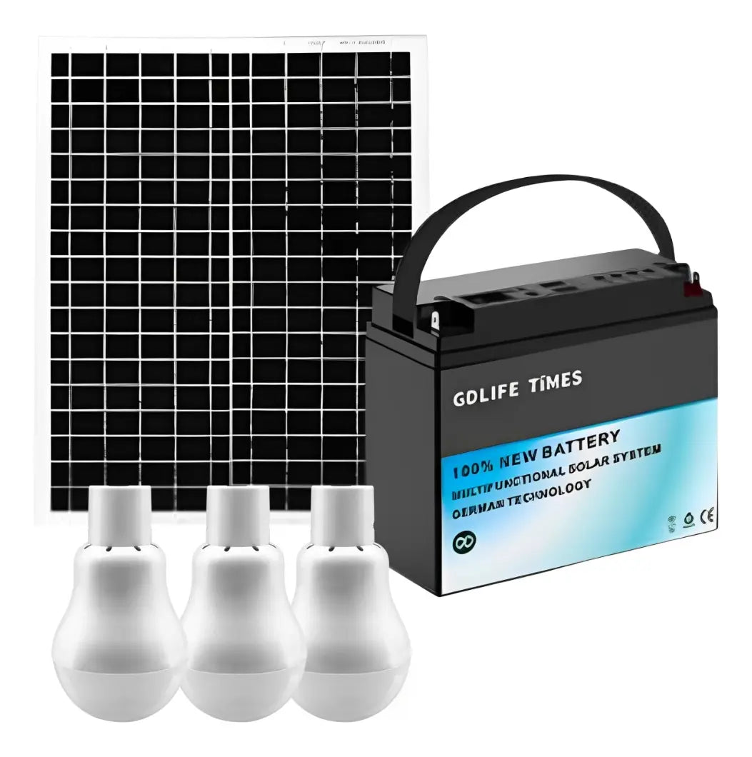 Kit Solar Portátil Batería Recargable 12V 3 Bombillos LED USB Panel