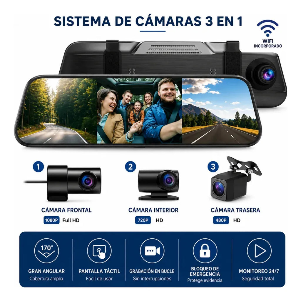 Espejo Retrovisor Cámara 3 Lentes DVR Táctil 9.66 Pulgadas 1080p Carro