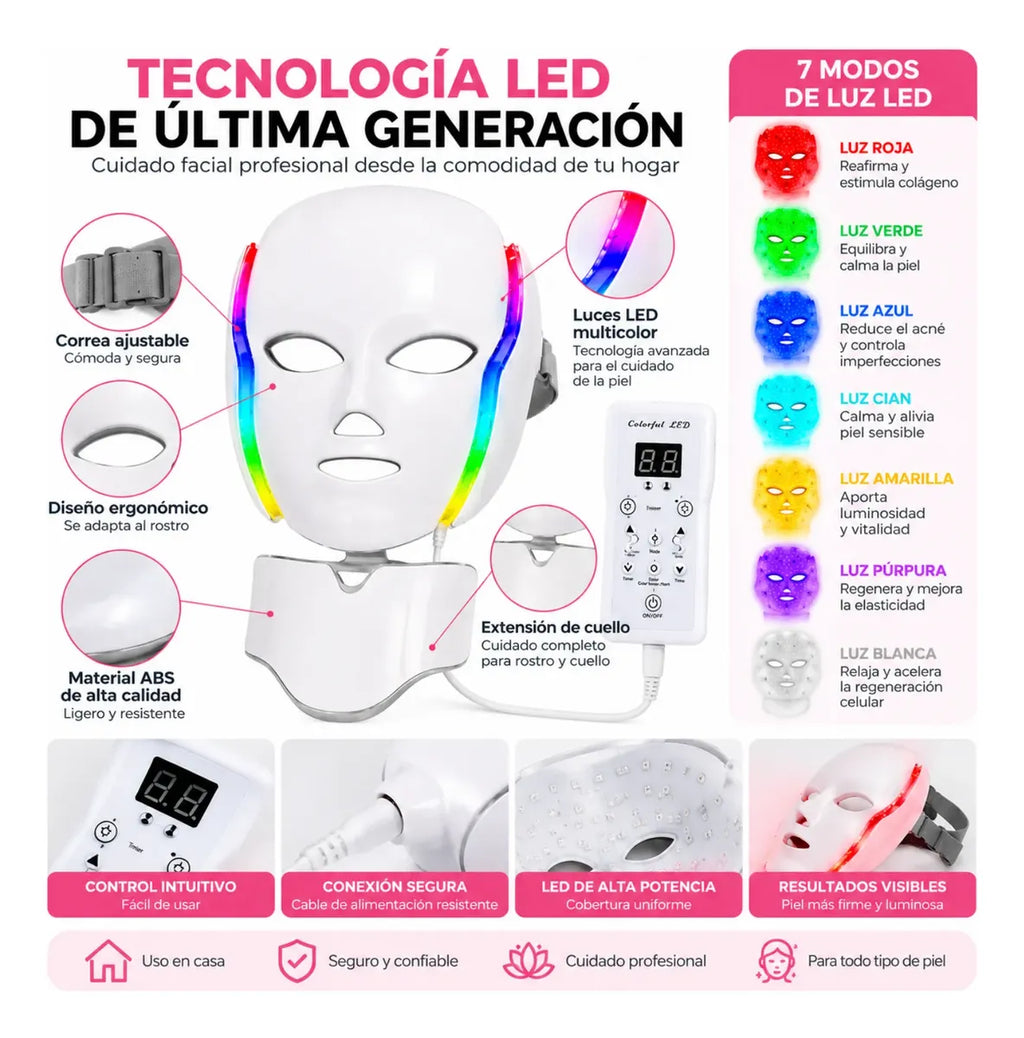 Máscara LED Facial 7 Colores Hyiear Fototerapia Rostro Cuello 192 LED