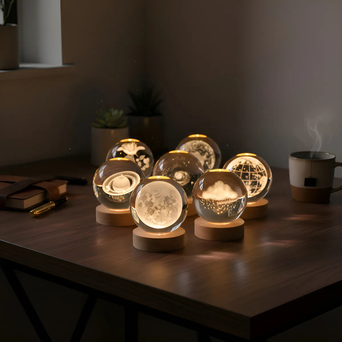 Lámpara Bola Cristal 3D Sistema Solar Luna LED Luz Cálida USB Regalo
