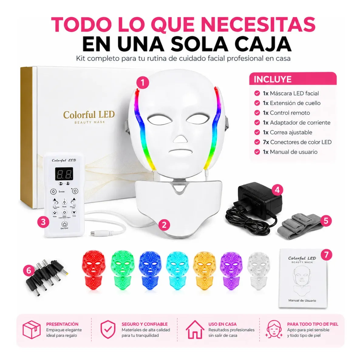 Máscara LED Facial 7 Colores Hyiear Fototerapia Rostro Cuello 192 LED