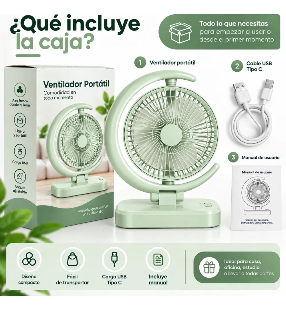 Ventilador Portátil Recargable USB Tipo C Luz LED 3 Velocidades