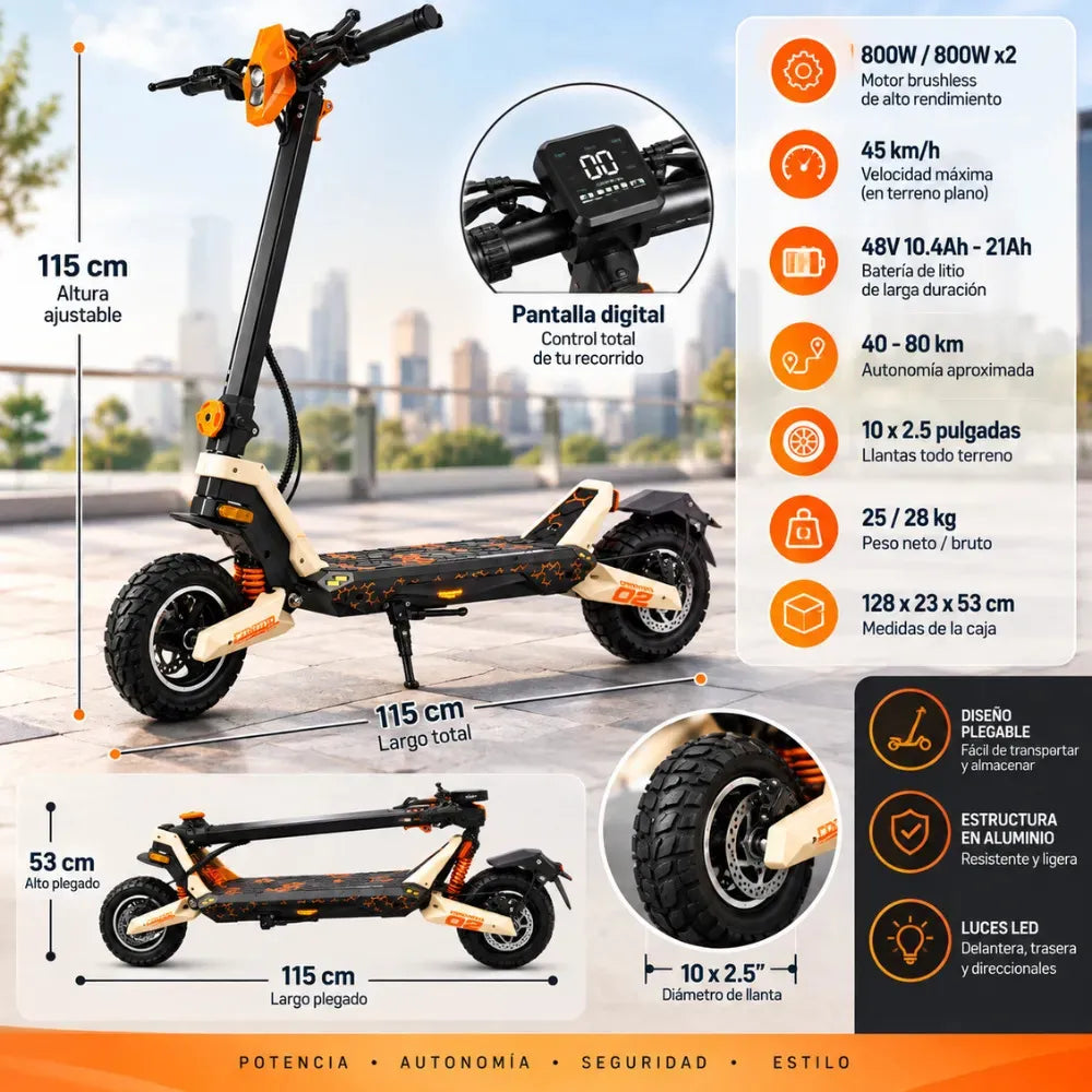 Scooter Eléctrico Todo Terreno Doble Motor 800W Suspensión Frenos