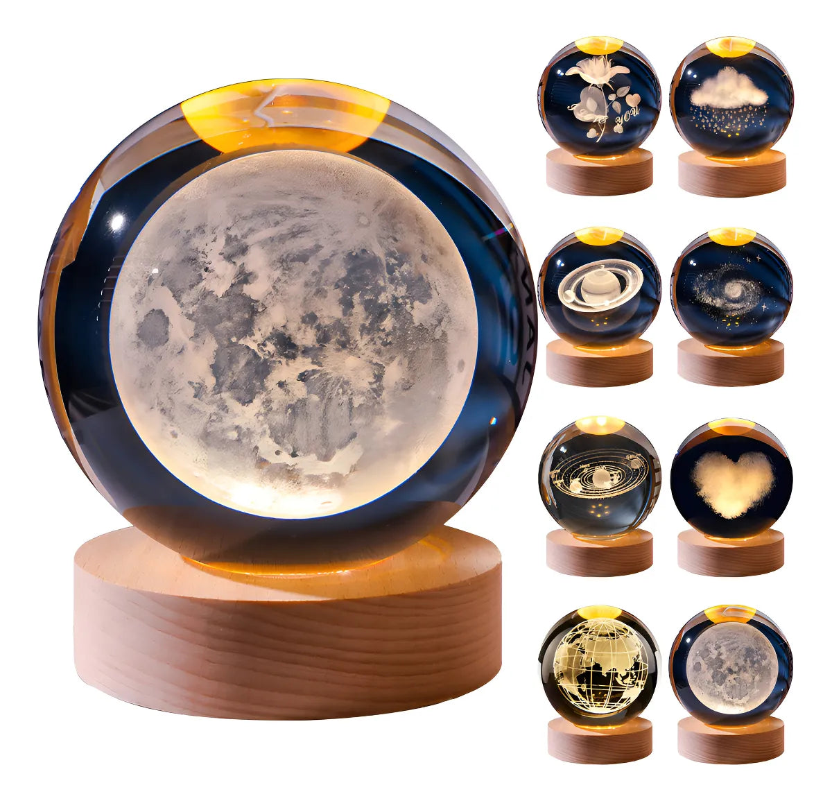 Lámpara Bola Cristal 3D Sistema Solar Luna LED Luz Cálida USB Regalo