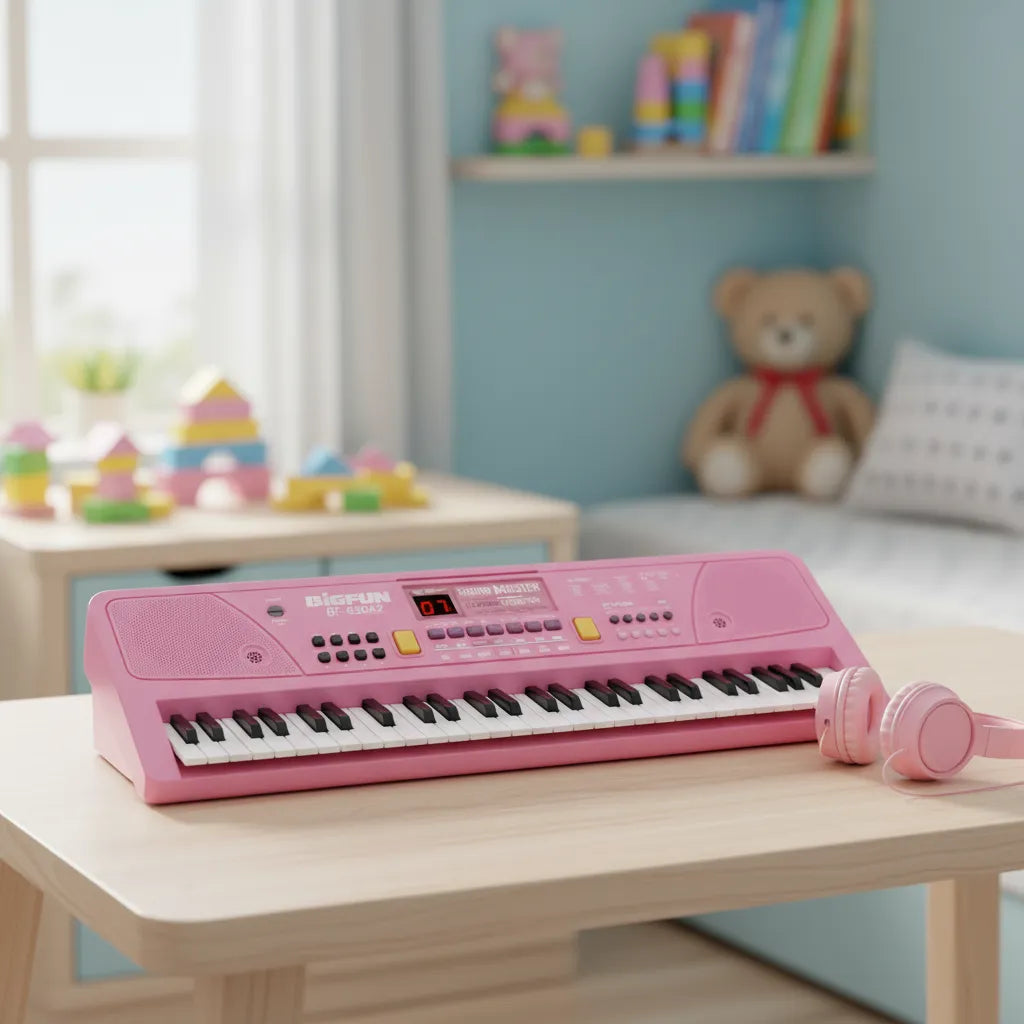 Piano Organeta Infantil 61 Teclas Bigfun Micrófono Grabación Rosado