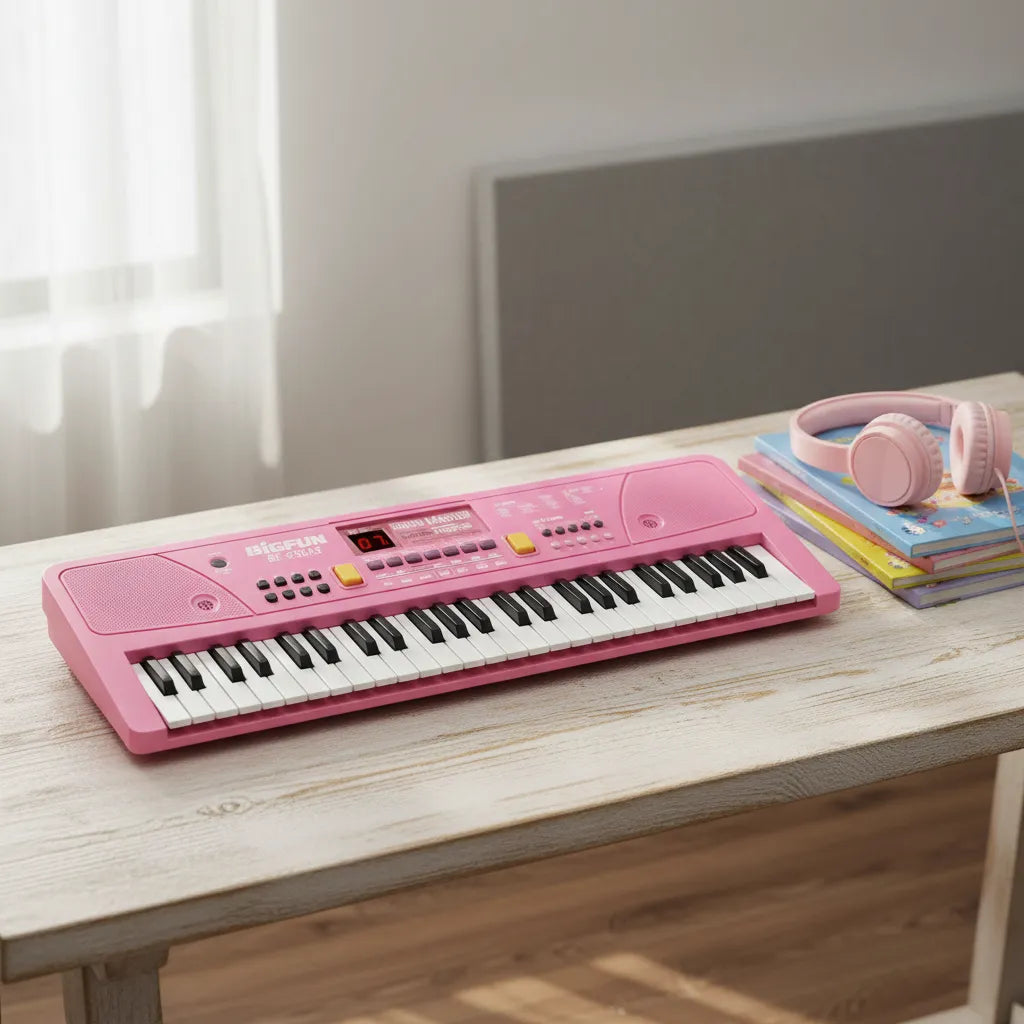Piano Organeta Infantil 61 Teclas Bigfun Micrófono Grabación Rosado