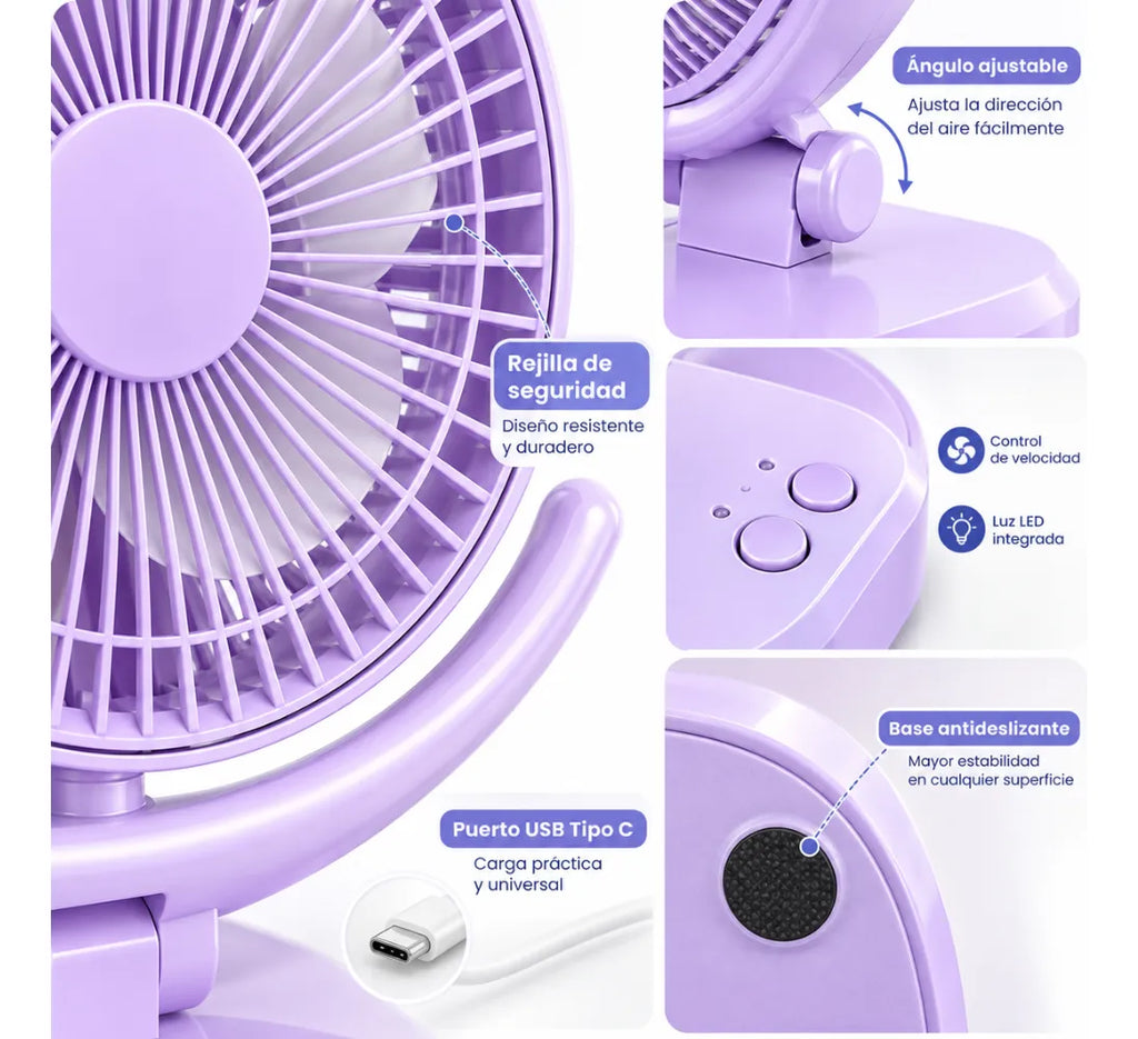 Ventilador Portátil Recargable USB Tipo C Luz LED 3 Velocidades