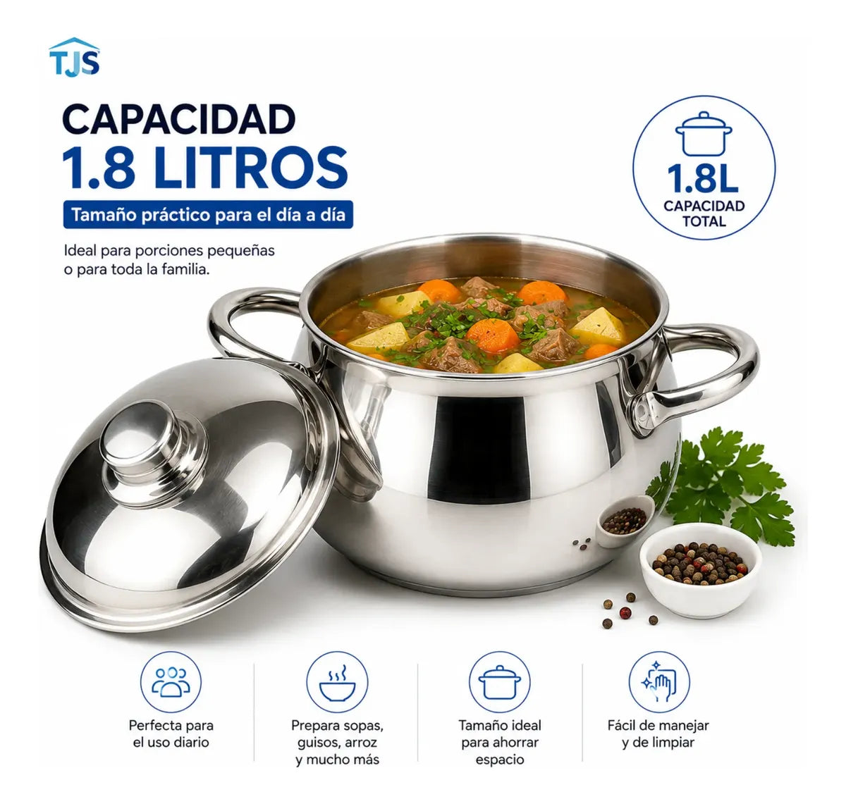 Olla Acero Inoxidable 304 Premium Perla 1.8 Litros Tapa Acabado Espejo