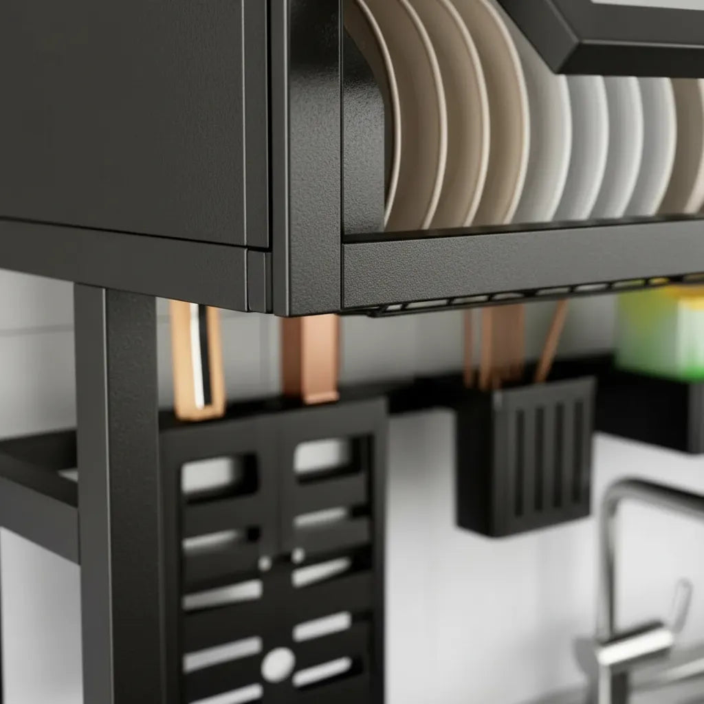 Escurridor Platos Organizador 65cm Doble Tapa Negro 2 Niveles Cocina
